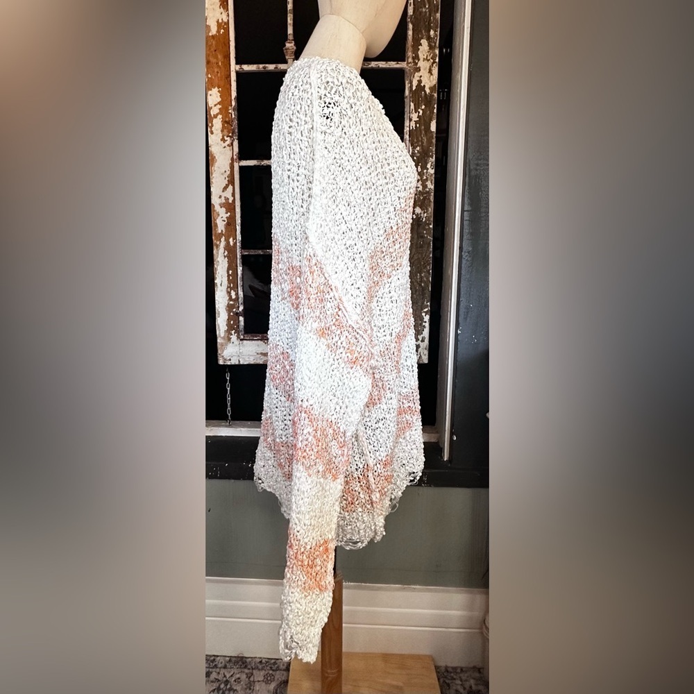 POL Oversized Distressed Open Knit Sweater Cream Peach Stripe Boho Pullover M - Picture 5 of 8